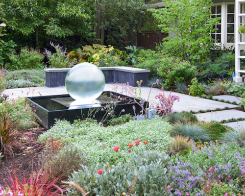 Aquasphere Orb Fountain set in lovely garden