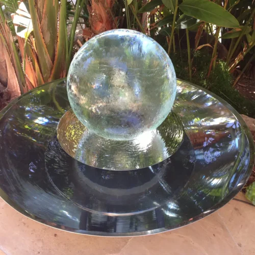 Sphere fountain with crystal orb and stainless steel dish
